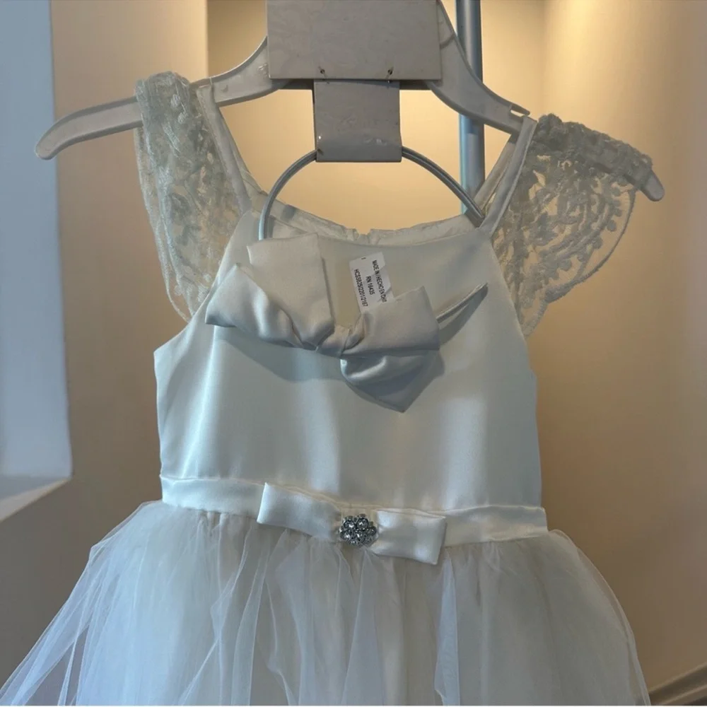 Biscotti Flower Girl White Dress with Lace Shoulders & Matching Bow Headband